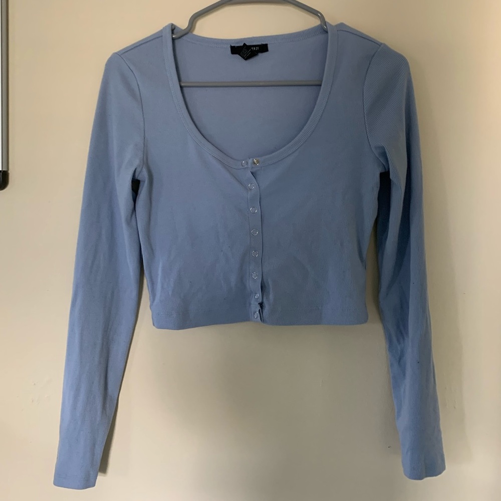 F21 Light Blue Snap Button Down Crop Top